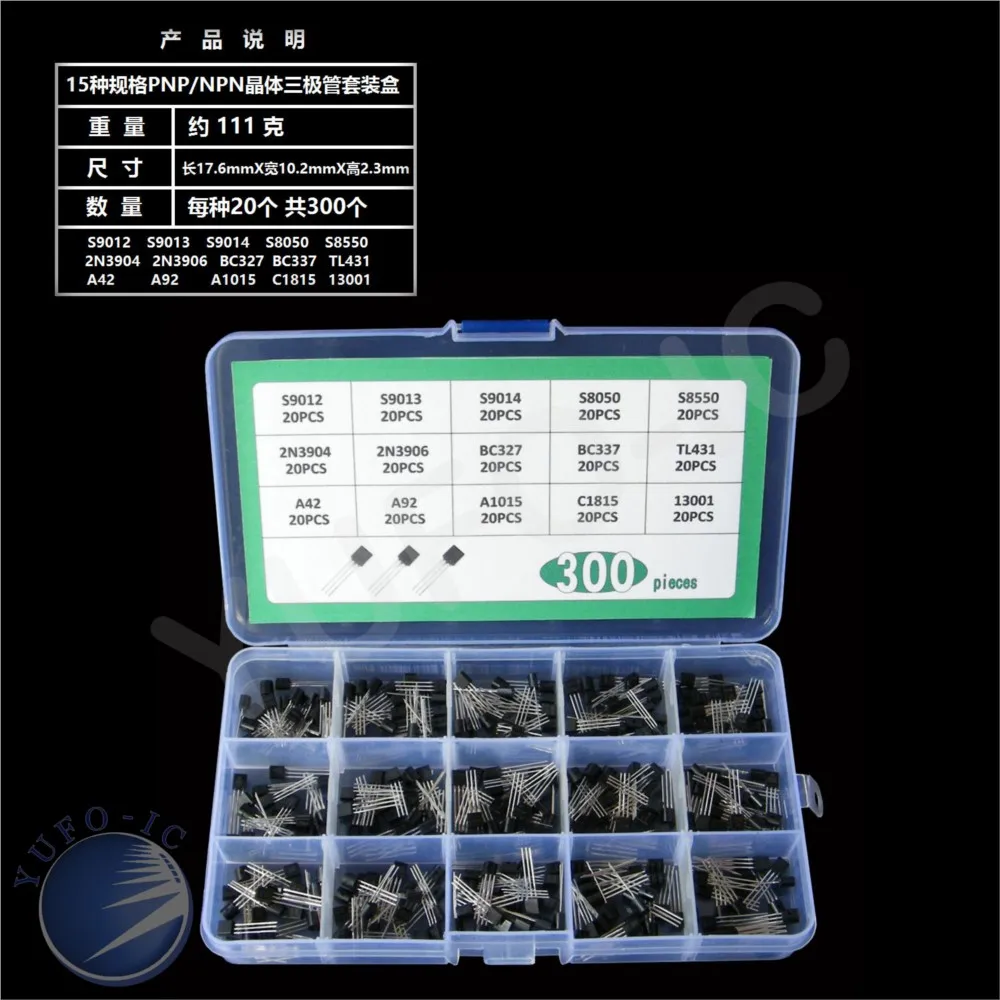 15 Assortment*20PCS S9013 S9014 S8050 S8550 2N3904 2N3906 BC327 BC337 TL431A A42 A92 A1050 C1815 13001 Transistor Kit S9012