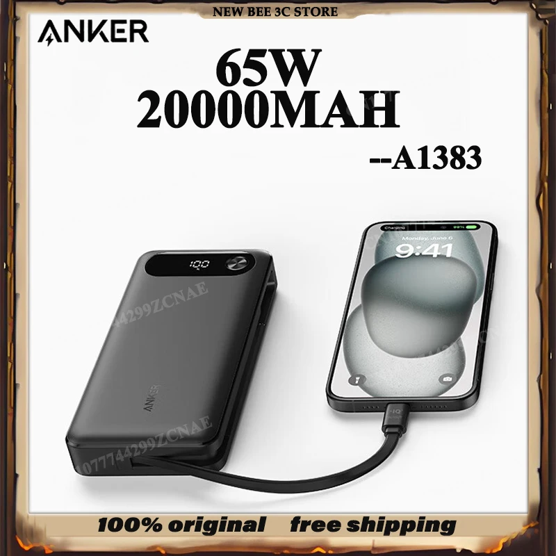 NUEVO Banco de Energía ANKER A1383 de 65W y 20000MAH con Cable de Datos, Carga Rápida Multi-Puerto de Alta Potencia, Ligero, para Teléfonos Celulares
