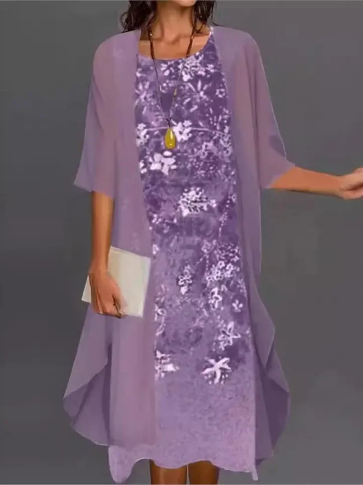 

Fashionable Elegant Chiffon Dress Two-piece Set Spring Summer New Two-piece Set Sexy Sleeveless Round Neck Printed Loose Dress