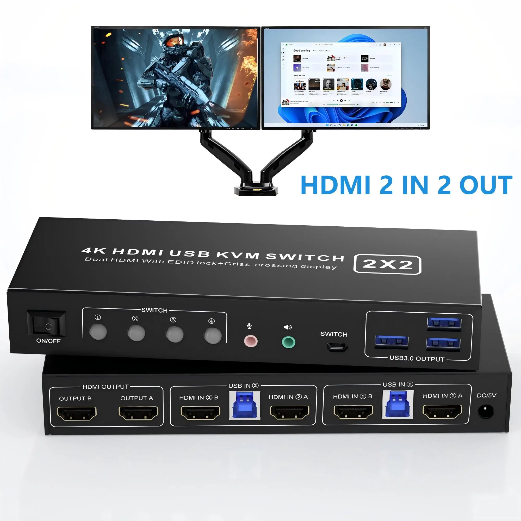 

HDMI KVM Switch 2 Montiors 2/4 Computers USB 3.0, 4K@60Hz EDID Emulators KVM Switch Dual Monitor with 3 USB 3.0 Ports and Audio