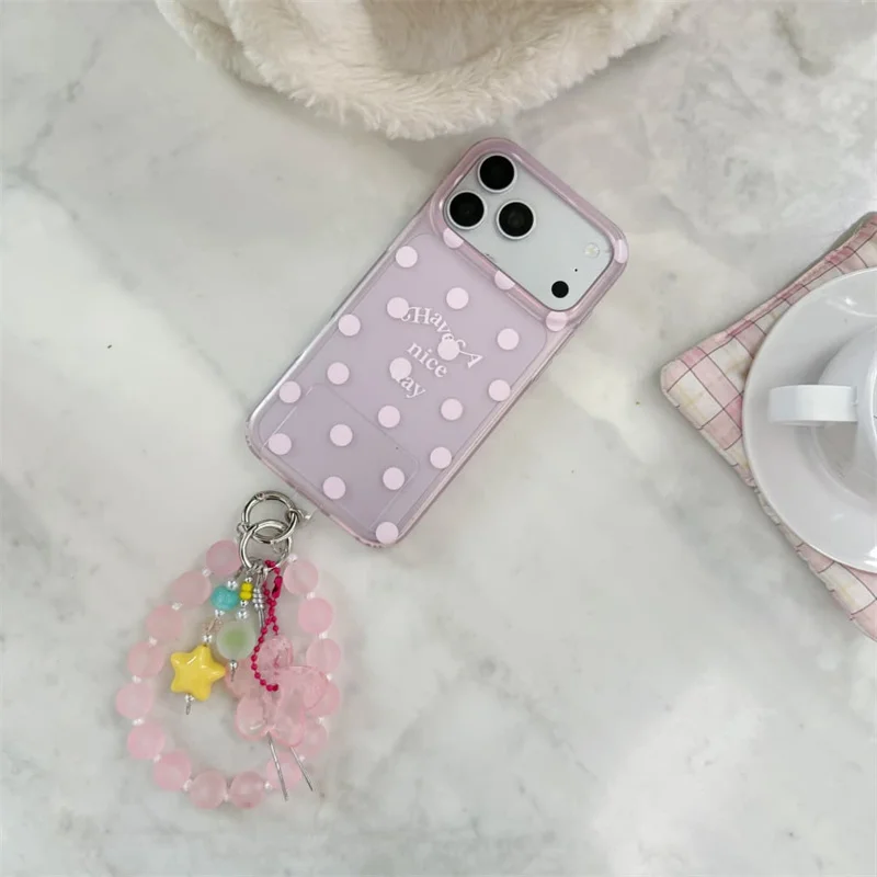 Cute Polka Dot Beaded Wrist Strap Phone Case For iPhone 15 16 17 Pro Max Transparent Pastel Shockproof Cover Girls Gift New
