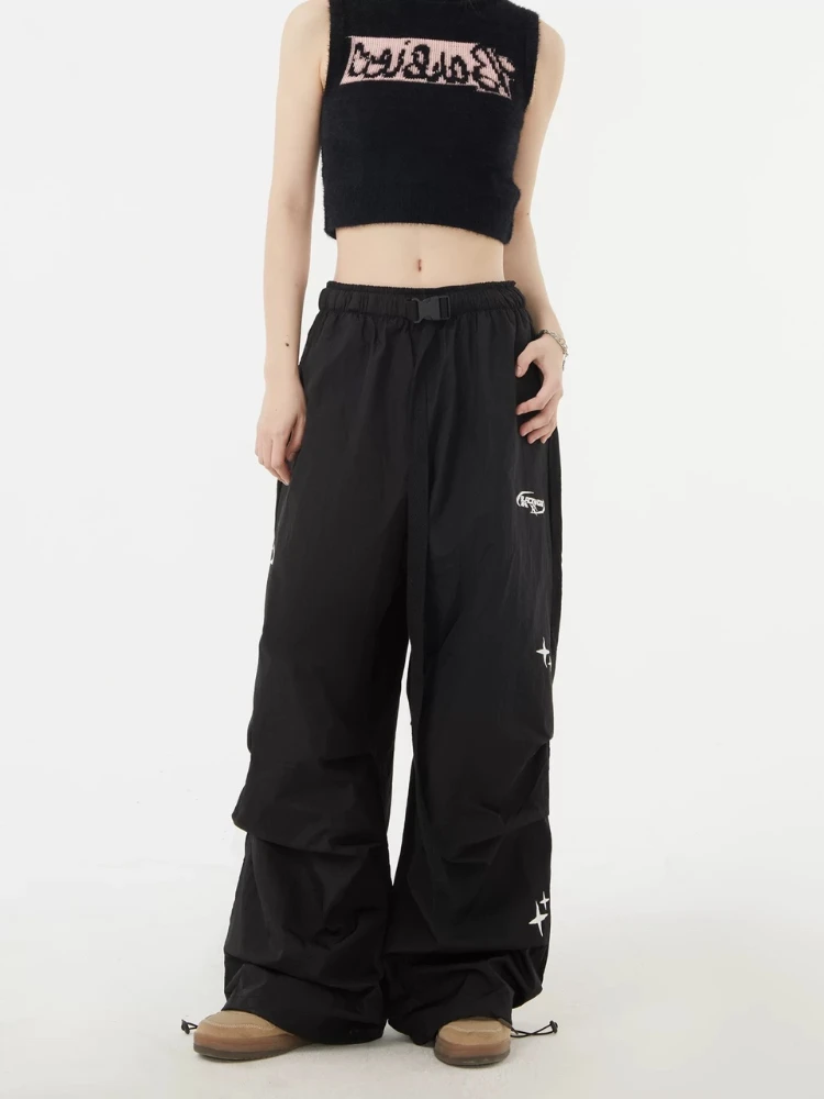 Deeptown Parachute Pants Women Black Vintage Harajuku Oversized Wide Leg Joggers Hippie Street Baggy Sweatpants Casual Trousers