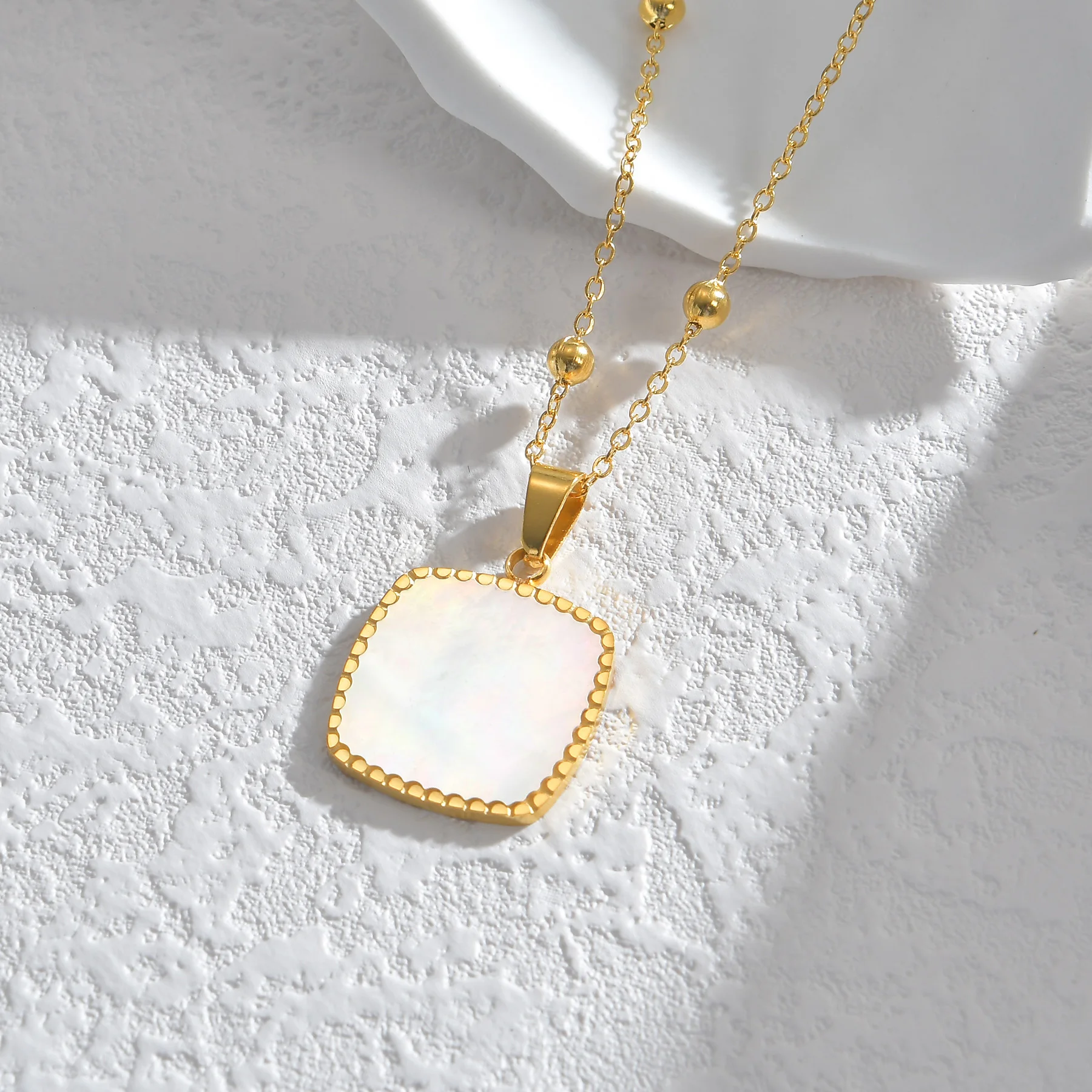 Geometric Square Shell Necklace Bead Chain Gold Color Stainless Steel Jewelry Beautiful Earring for Women Mother Christmas Gift image 4