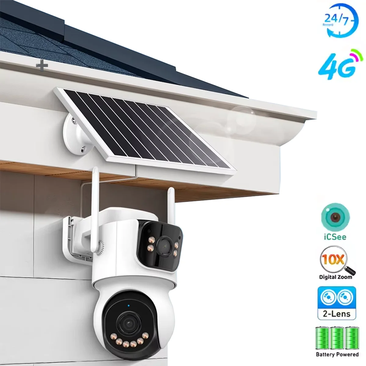 Caméra solaire double objectif 4G 4MP : détection AI, 10 000 mAh, vision nocturne Starlight, audio bidirectionnel, 355 °   Rotation, SIM préinstallé