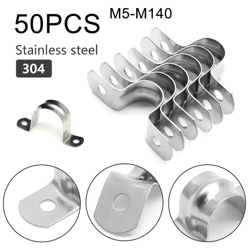 50pcs Stainless Steel Conduit Clamps Two Hole Strap U Bracket Rigid Pipe Strap Metal Clamp Tension Clips Heavy Duty M5-M140