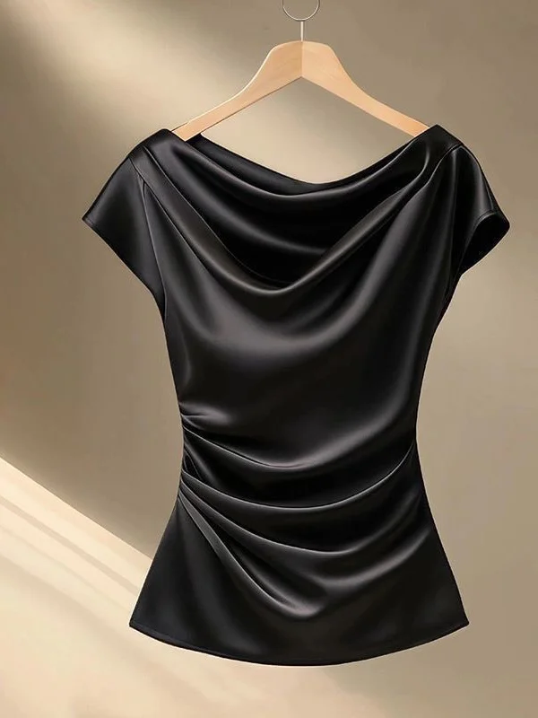 

Ele One-oulder Silk ort-Sve Women's T-irt Slimming Waist Design Pure Color High-End Small irt Summer New Arrival