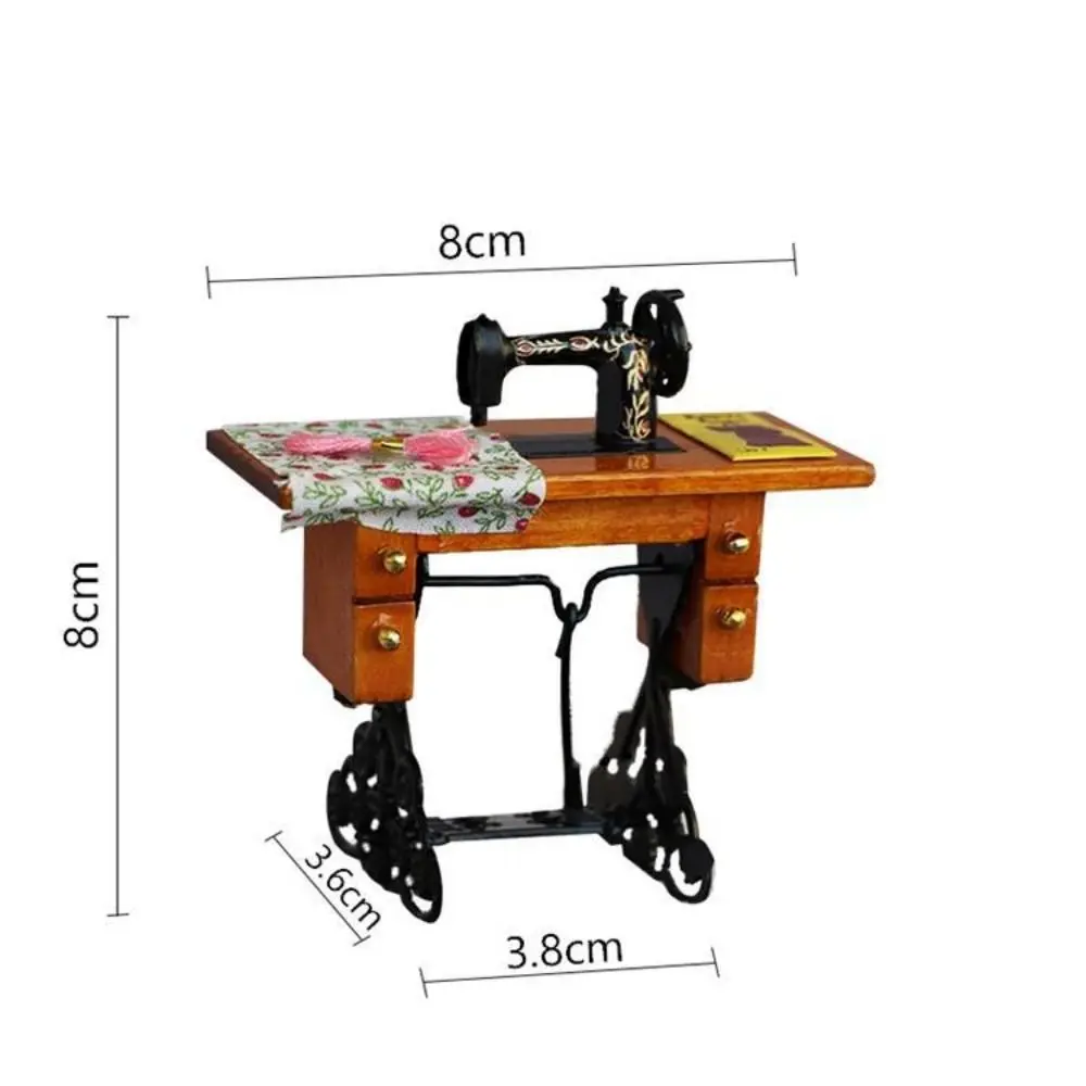 Vintage miniatuur naaimachine simulatie houten miniatuur meubilair mini met stoffen poppenhuisspeelgoed