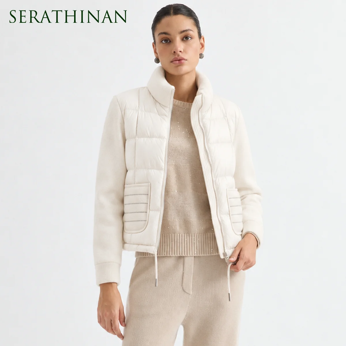 BD3621736 Women's Pure Wool Knit Hybrid Goose Down Jacket Chain Trim Pockets Stand Collar Two-Way Zip Old Money Early Autumn