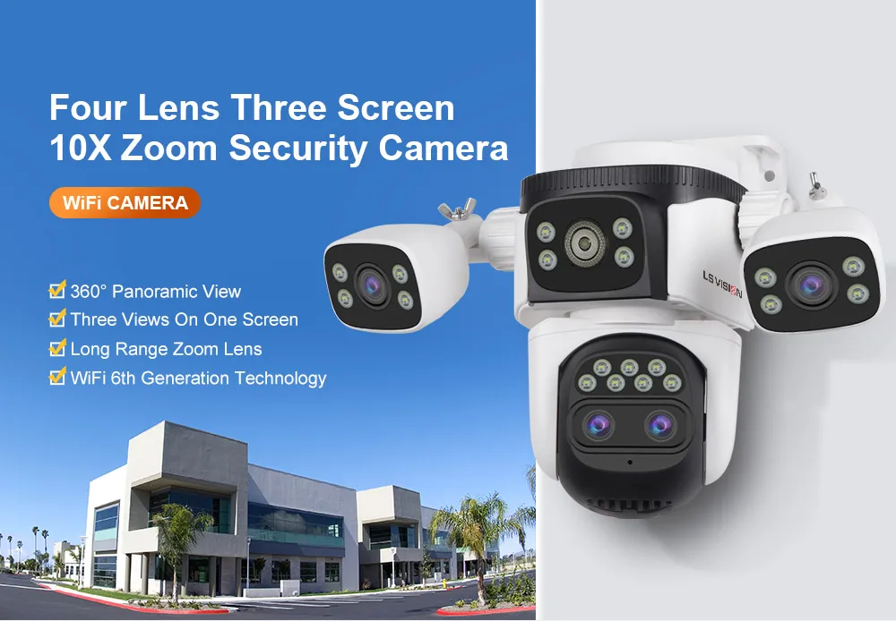 LS VISION 20MP 3-Screen 4-Lens 10X Optical Zoom WiFi Wireless Outdoor Security Camera PTZ with Auto-Tracking Surveillance Camera