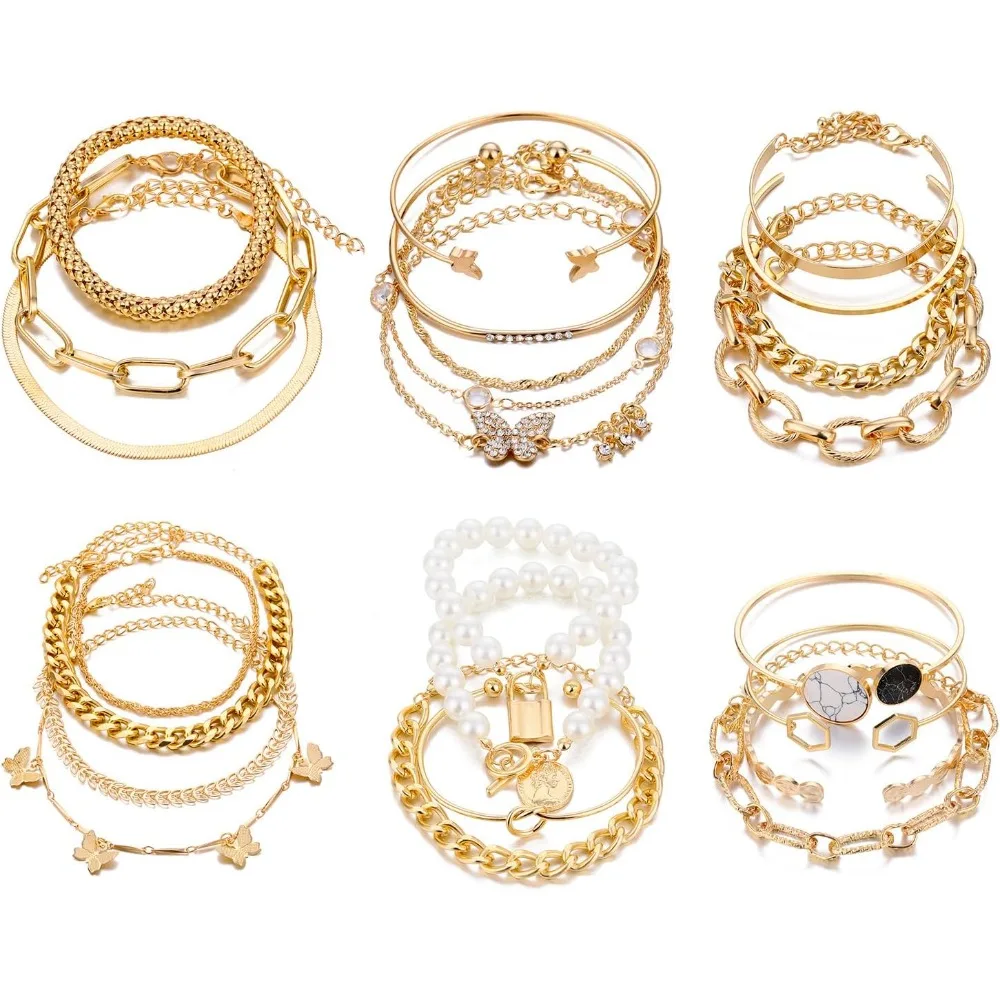 

6 упаковок, 24 шт., 14-каратное позолоченное браслет-цепочка в стиле бохо, набор для женщин, многослойный штабелируемый кубинский итальянский браслет-манжета с звеньями