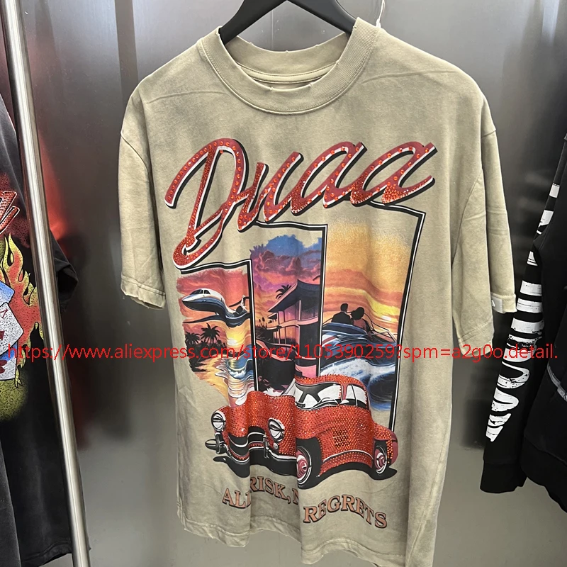 Summer New Style Men's Women's DUAA T-shirt Fashionable Trend Retro Print Rhinestone Embellished Duaa Top