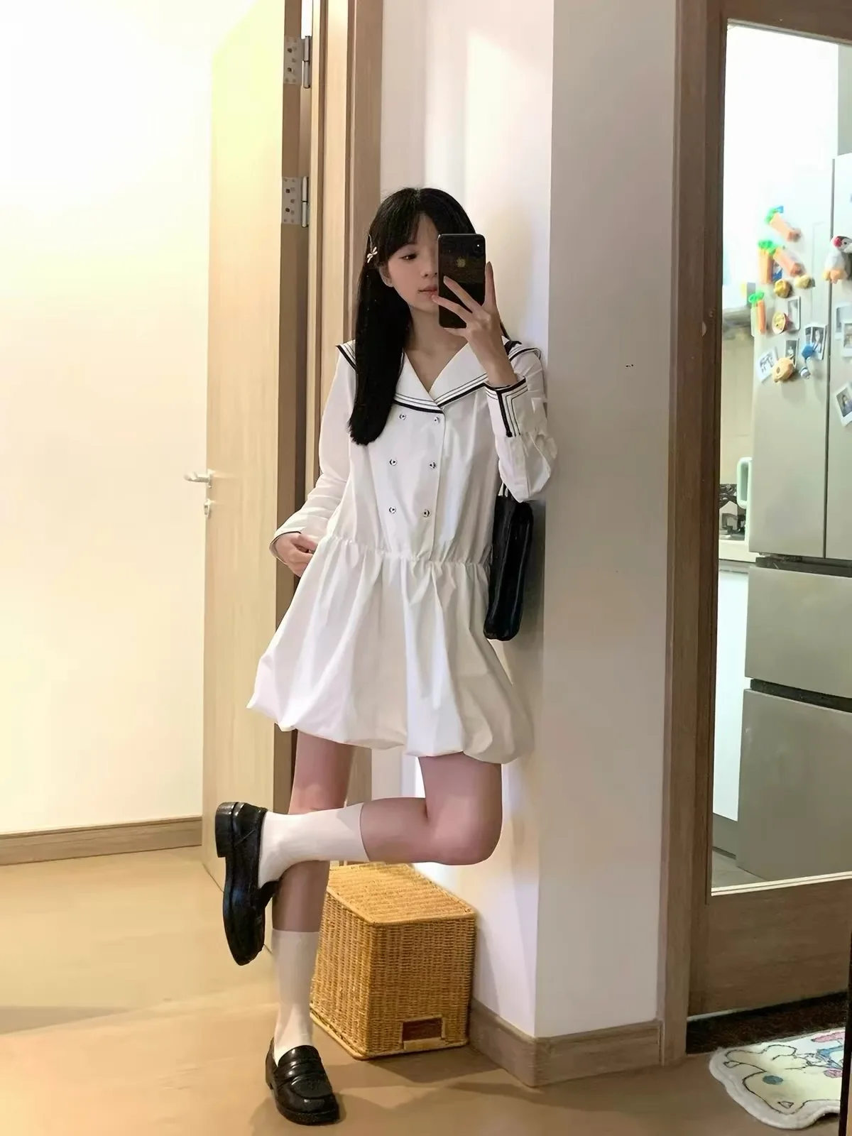White Naval Collar Dress Women's Autumn Winter A-Line Skirt Sweet First Love Series Flower Bud Short Skirt Japanese Style