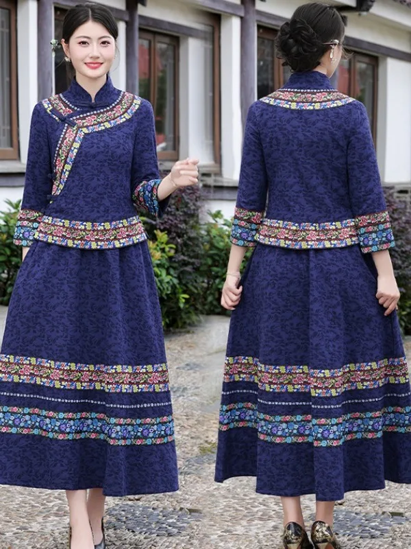 Elegant Ethnic Women's Spring Autumn Embroidered Collar Side Button Tang Suit Skirt Two Piece Set Traditional Chinese Fashion