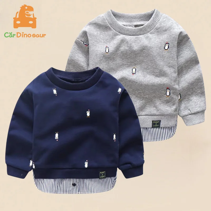 

2026 Spring Autumn 2 3 4 5 6 7 8 10 Years Children Cartoon Animal Print Patchwork Fake 2 Pcs Basic Sweatshirt For Kids Baby Boy