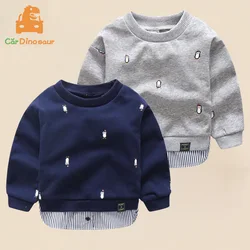 2026 Spring Autumn 2 3 4 5 6 7 8 10 Years Children Cartoon Animal Print Patchwork Fake 2 Pcs Basic Sweatshirt For Kids Baby Boy
