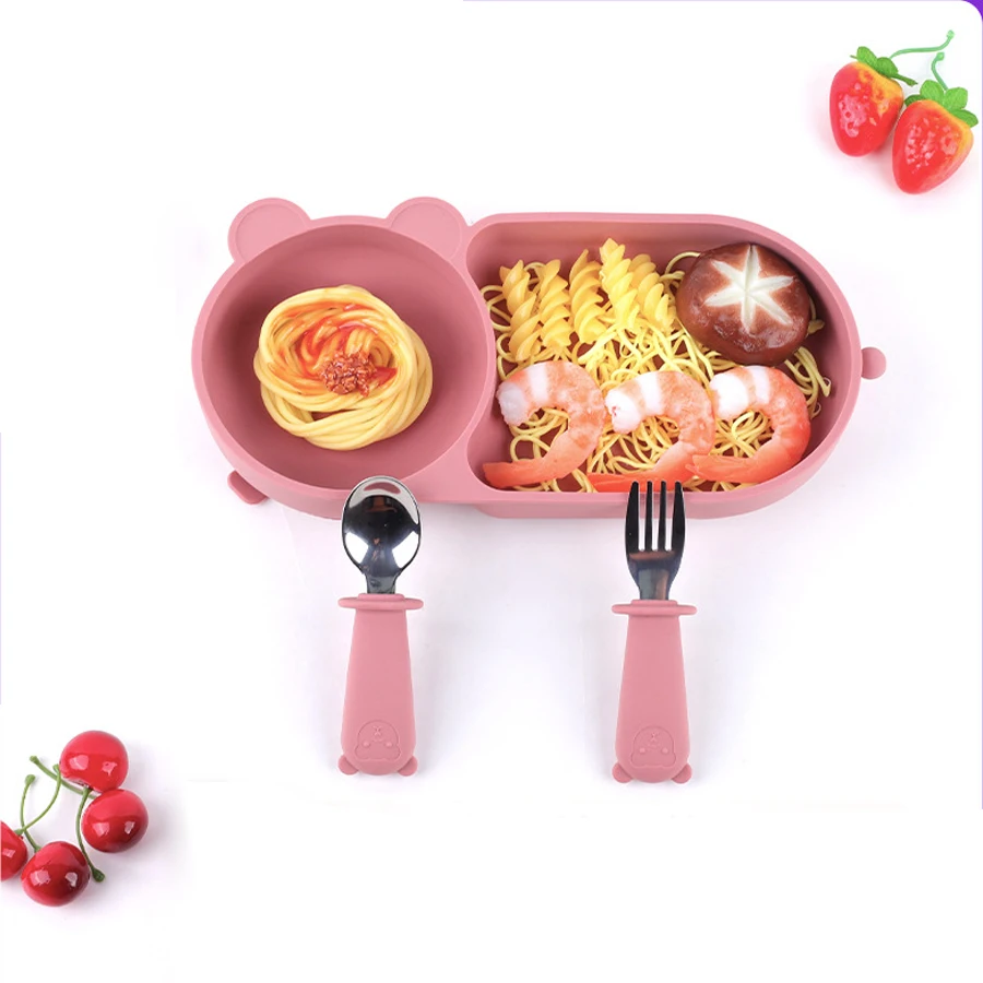 Baby-Silikon-Saugnapf-Schüssel, süßes Bären-Design, Macaron-Farbe, 100 % lebensmittelechtes Silikon, BPA-frei, Doppelplatten-Design für Mahlzeiten