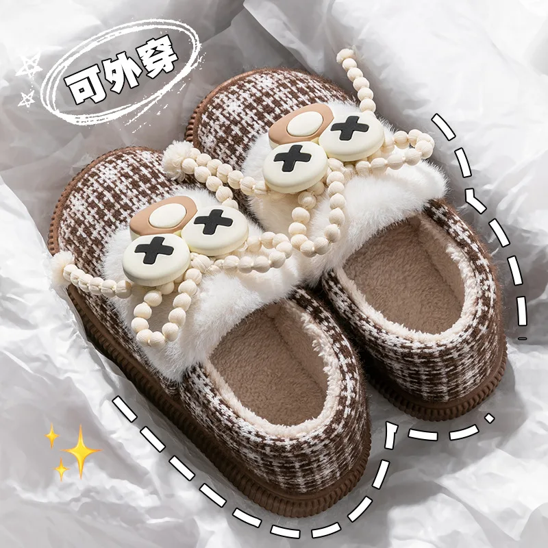 Design Thousand Bird Grid Cotton Slippers Women's Winter 2024 New Outer Wear Thick-soled Velvet Non-slip Warm Cotton Shoes