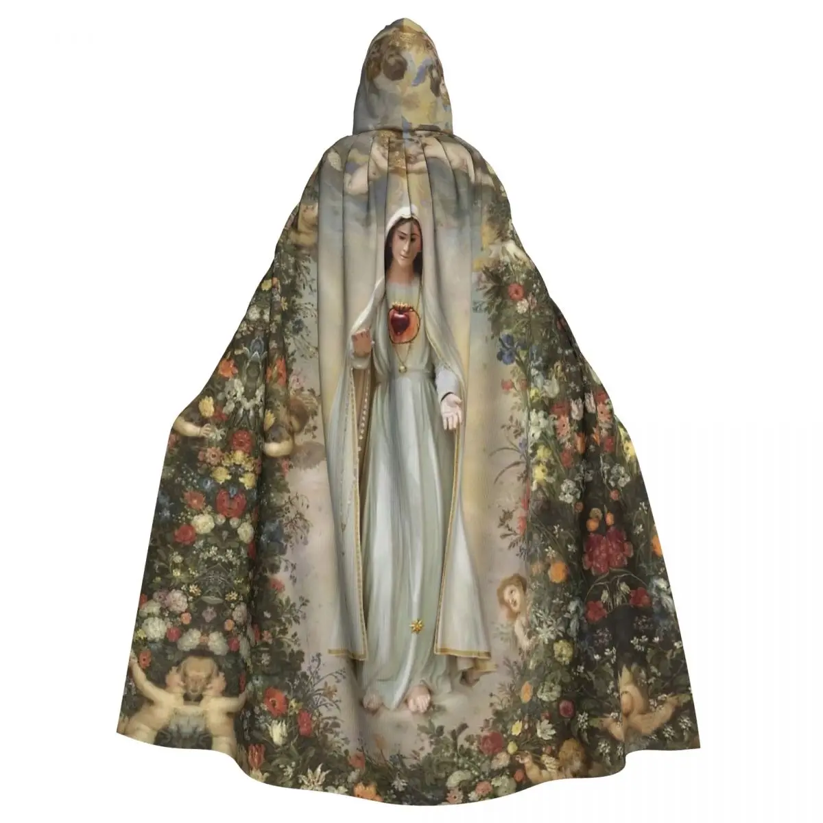 Virgin Mary Immaculate Heart Of Mary Hooded Cloak Halloween Party Cosplay Woman Men Adult Long Witchcraft Robe Hood