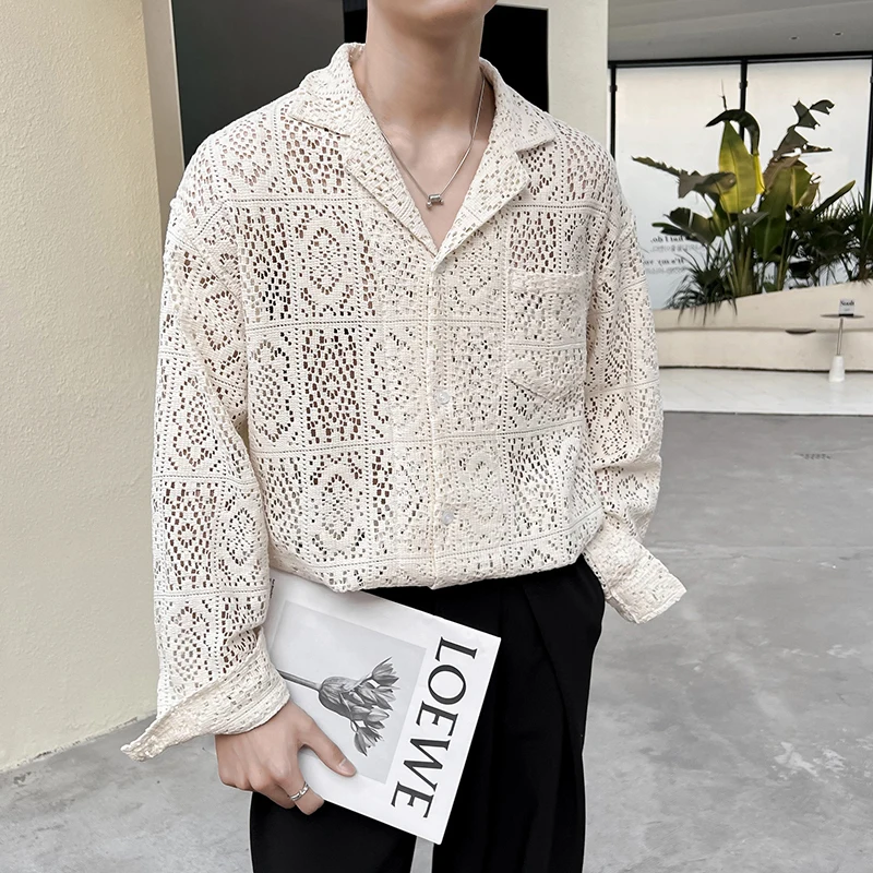 PFHQ Stylish Hollow Out See-through Design Men\'s Loose Long Sleeve Shirts Luxury Elegant High Quality Original Tide Tops 21F2110