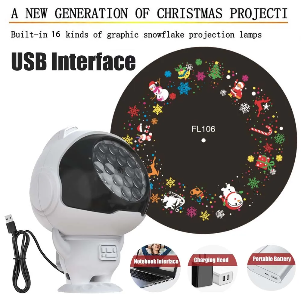 USB Power Christmas Astronaut Projector Rotatable Dynamic 16 Patterns LED Spotlight Projector for New Year Party Indoor Decor