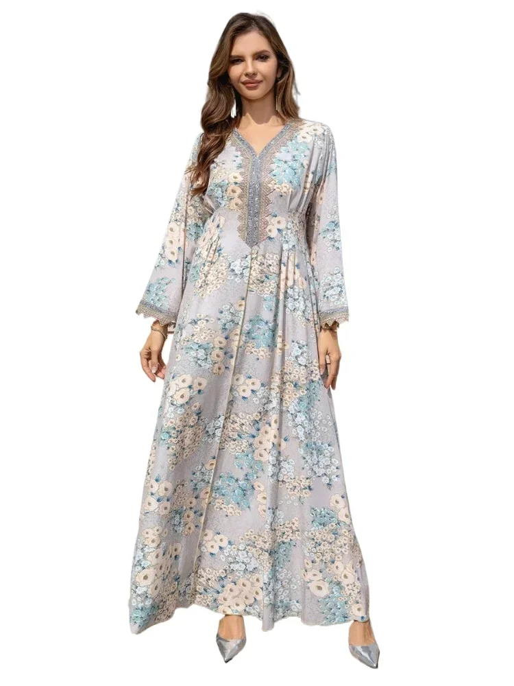 Ramadan Dubai Floral Print Abaya Muslim Elegant Women Evening Dress Moroccan Jacquard V-Neck Kaftan