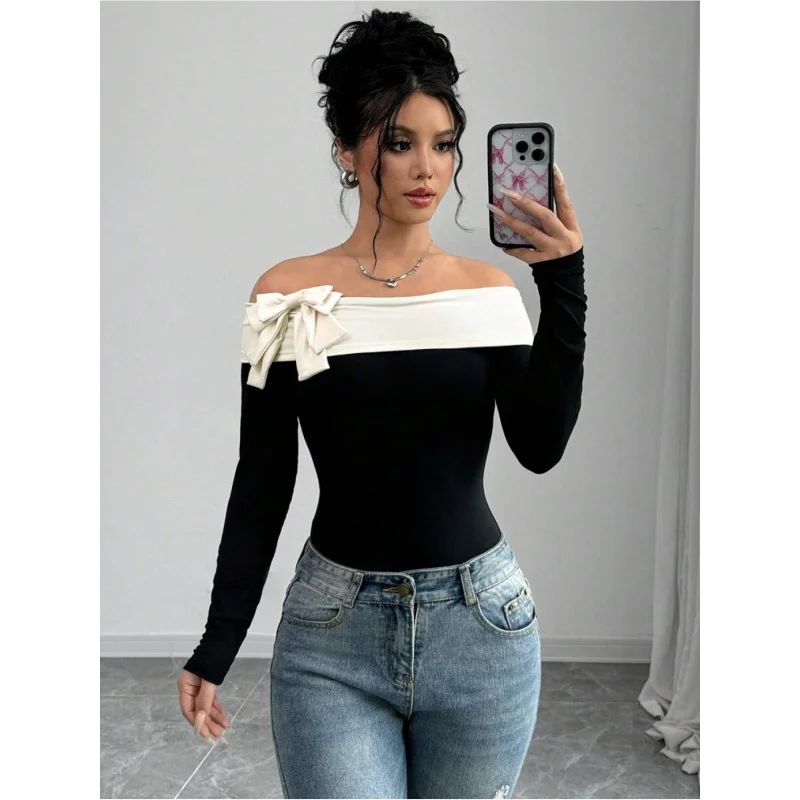 Bowknot Decor Off Shoulder Bodysuit | Casual & Fashionable Everyday Wear, Elegant Style, Solid Color, Suitable