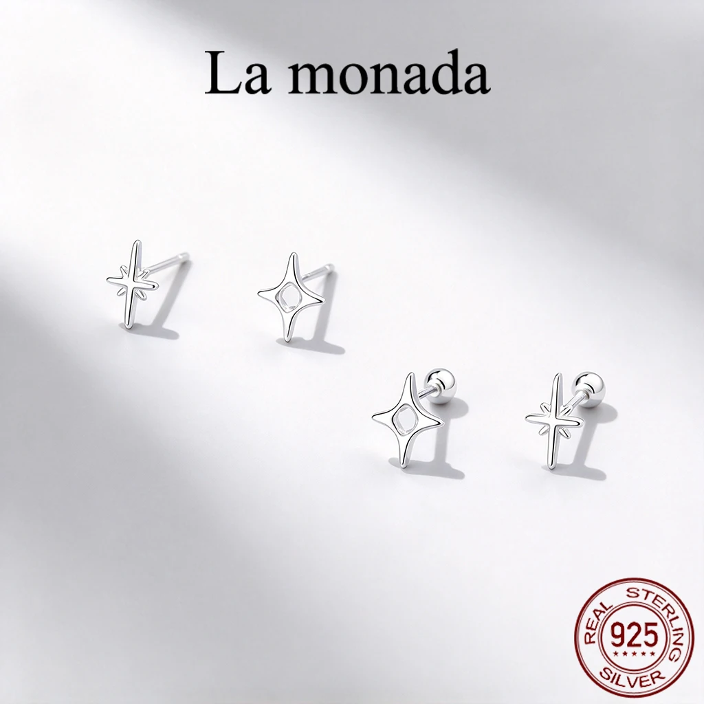 S999 Sterling Silver Four Pointed Star Stud Earrings for Women Girls, Dainty Asymmetric Star Ear Studs with Screw Back Option