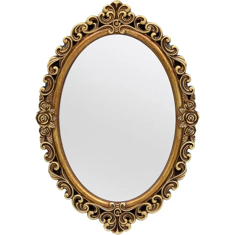 

Small Oval Wall Mirror Resin e Size：15.7 x 11.2 inch.Vintage Hanging Mirror Bedroom Living-Room Drer Decor Gold