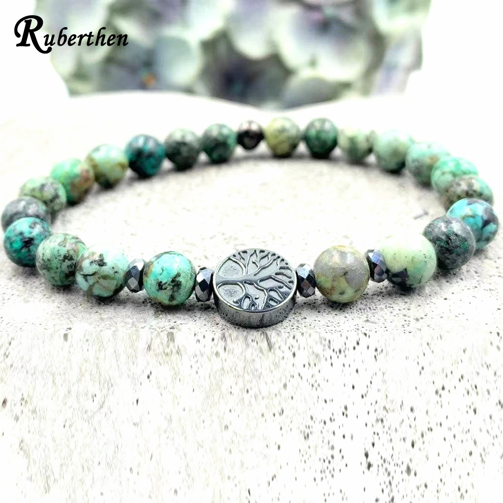 Ruberthen 6 MM Natural African Turquoise Hematite Beads Tree Of Life Charm Bracelet Womens Grounding Root Chakra Wrist Mala