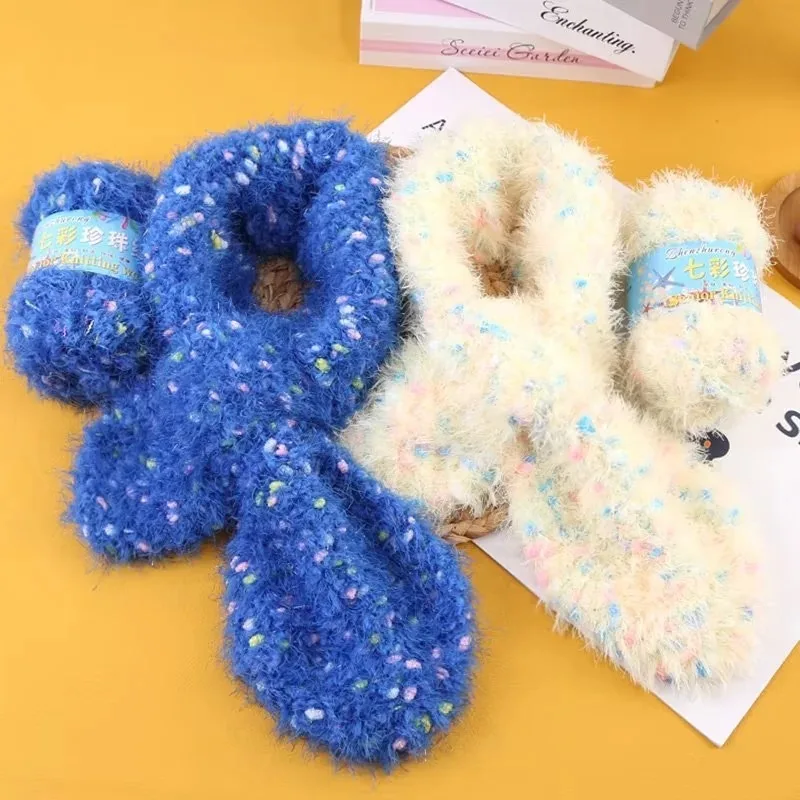 50 جرام فينيكس أسفل الغزل ، الصوف المرجاني تقليد الفراء الغزل ، طويل الشعر المنك المخملية ، وشاح المنسوجة يدويا ، قبعة أذن القط قوس قزح الفول الموضوع #3