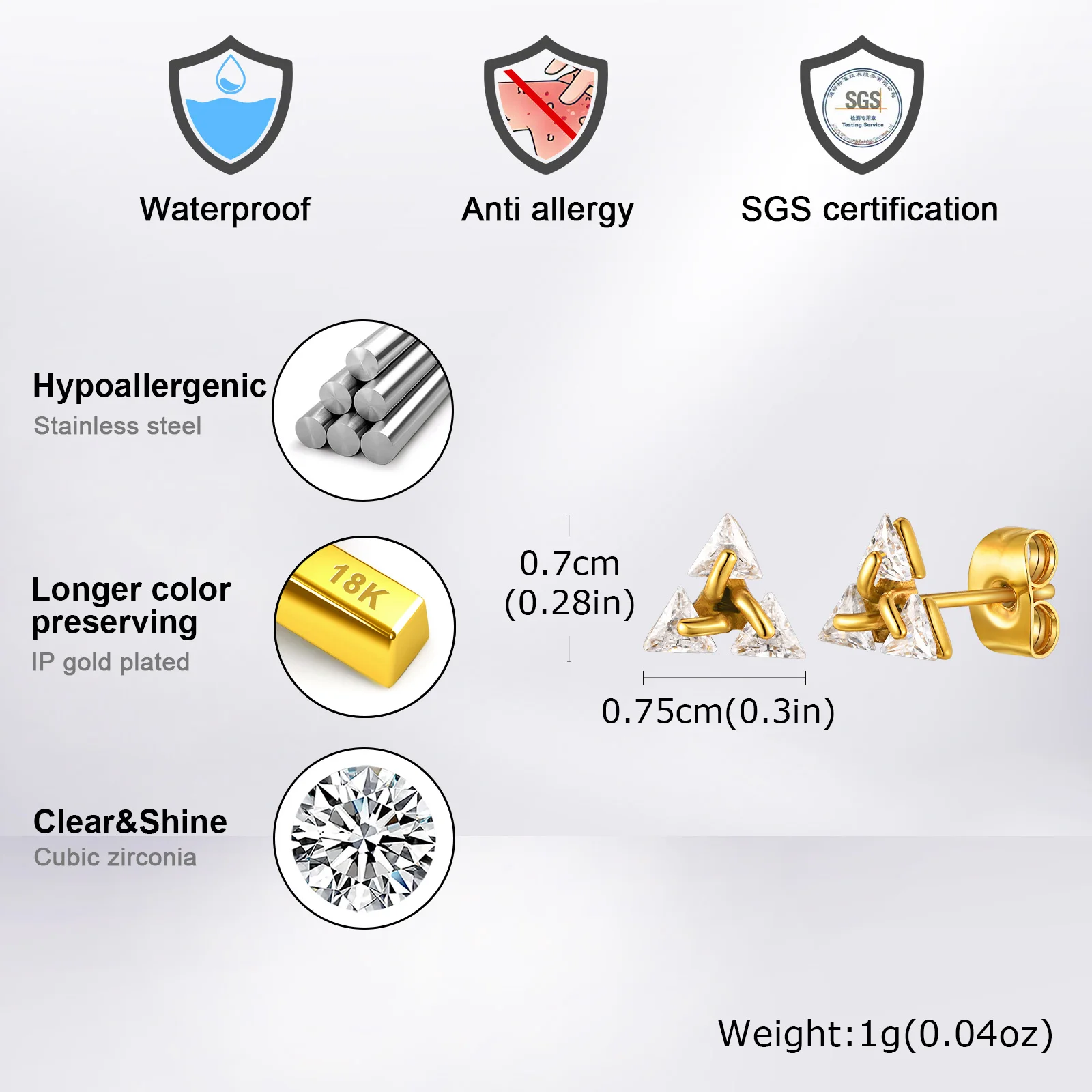 الحد الأدنى الثلاثي القرط للرجال النساء، المضادة للحساسية الفولاذ المقاوم للصدأ كريستال الزركون مثقوب القرط