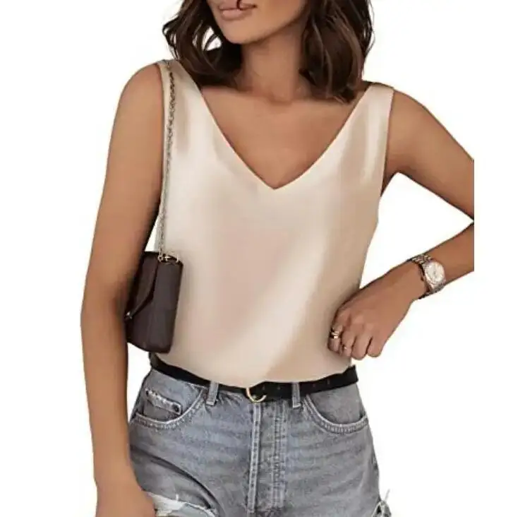 Summer Women Tank Top Tees Sleeveless Silk V Neck Shirts For Women Fashion Loose Tshirts Casual Shirt Pullover