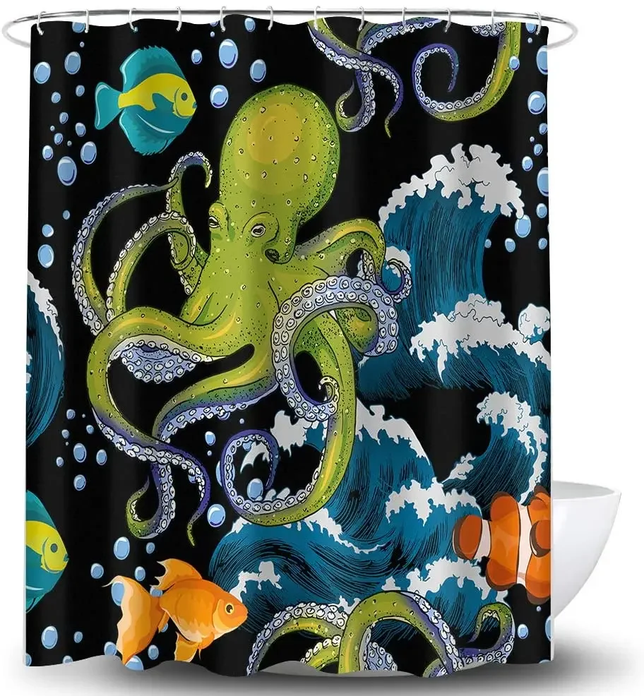 Funny Octopus Wave Tentacles Big Great Spray Sea Wildlife Monster Ocean Squid Kraken Bubbles Boho Cartoon Fish Bathroom Decor