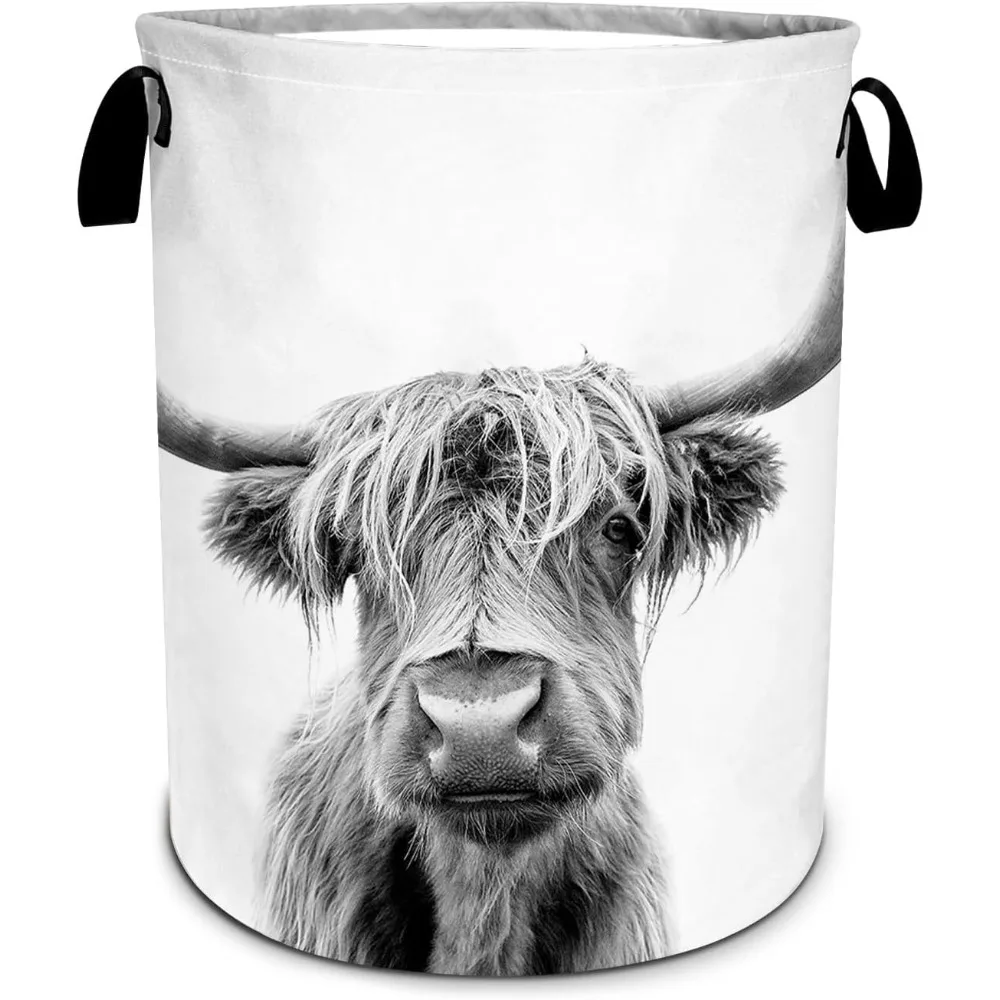 

Gray Highland Cow Laundry Basket Foldable Laundry Hamper Tote Bag Storage Bucket Toy Organizer For Bathroom/Laundry/Bedroom
