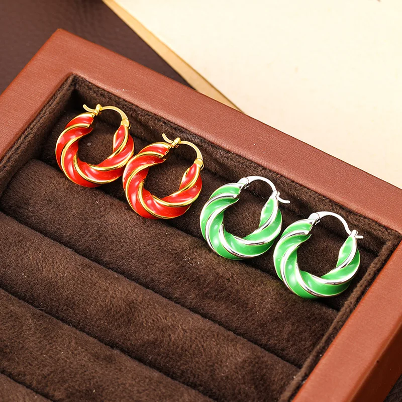 

New Classic Retro High-end Spiral Pattern Shape Enamel Dripping Glaze Hoops Autumn Winter Design Fashion Earrings Small Hoops