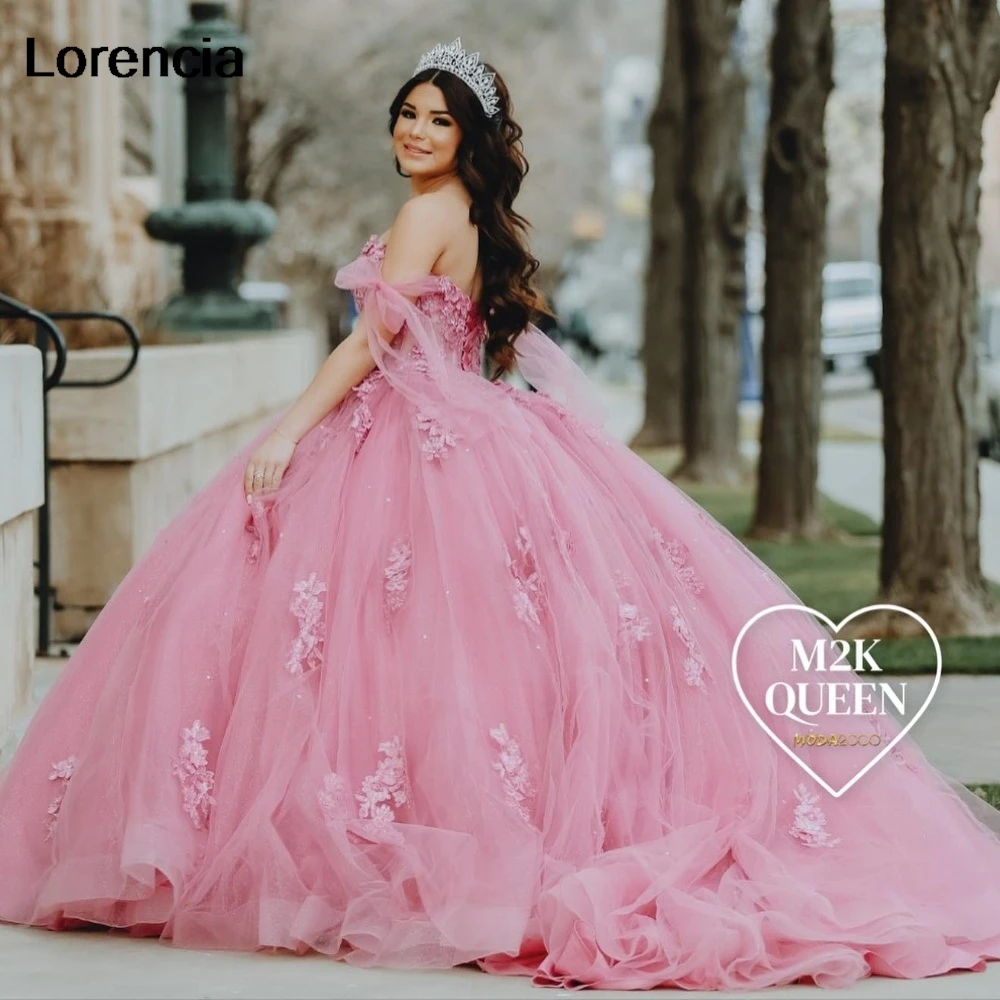 Lorencia Glitter Pink Quinceanera Dress Ball Gown Shiny Lace Applique Beading Mexico Corset Sweet 16 Vestidos De 15 Años YQD954