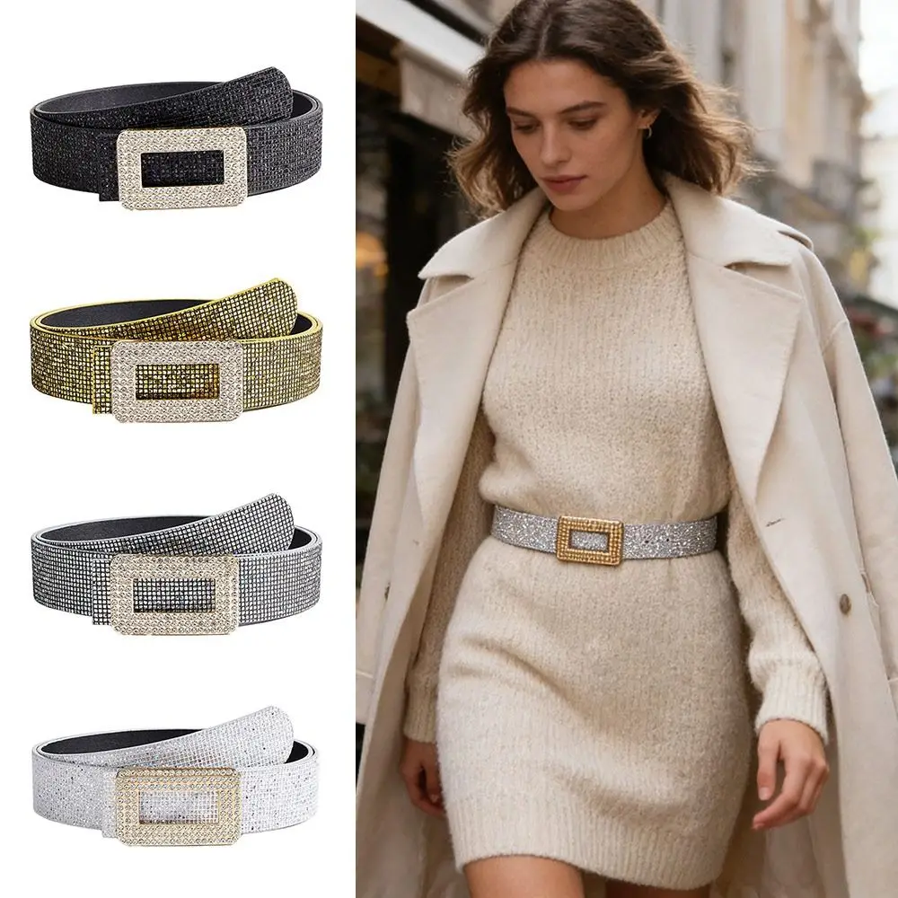 

Luxury Style PU Leather Rhinestone Belt Wide Sparkling Glitter Women Waistband Versatile Sparkling Belt Bling Accessory