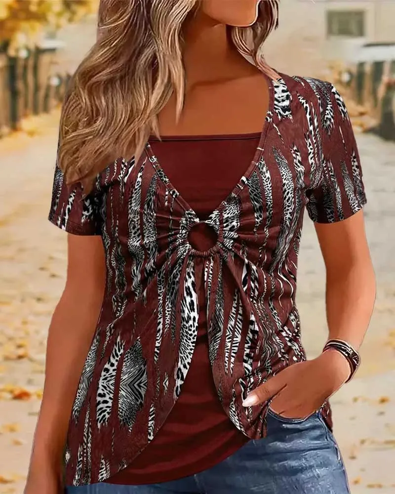 Camiseta de manga corta con diseño de anillo informal a la moda para mujer, ropa falsa con anillo redondo de dos piezas para uso informal