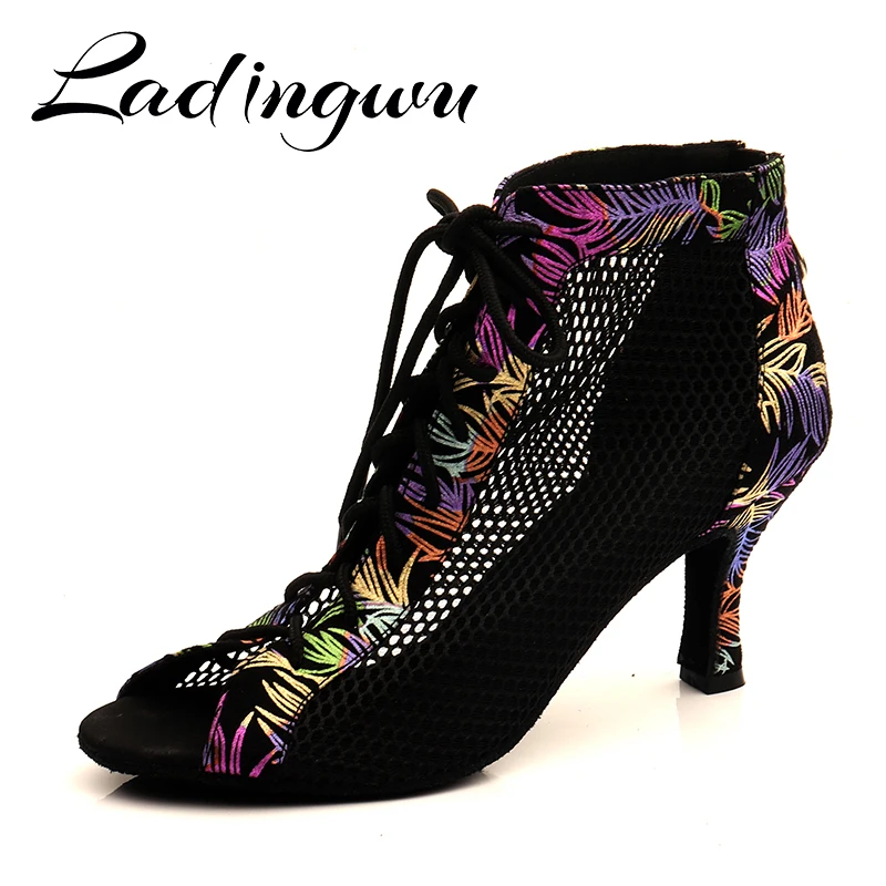 Ladingwu Lacing Suede And Breathable Mesh Boots Soft Bottom Dance Shoes Zipper Women's sandals Latin Salsa Dance Shoes Low-heele