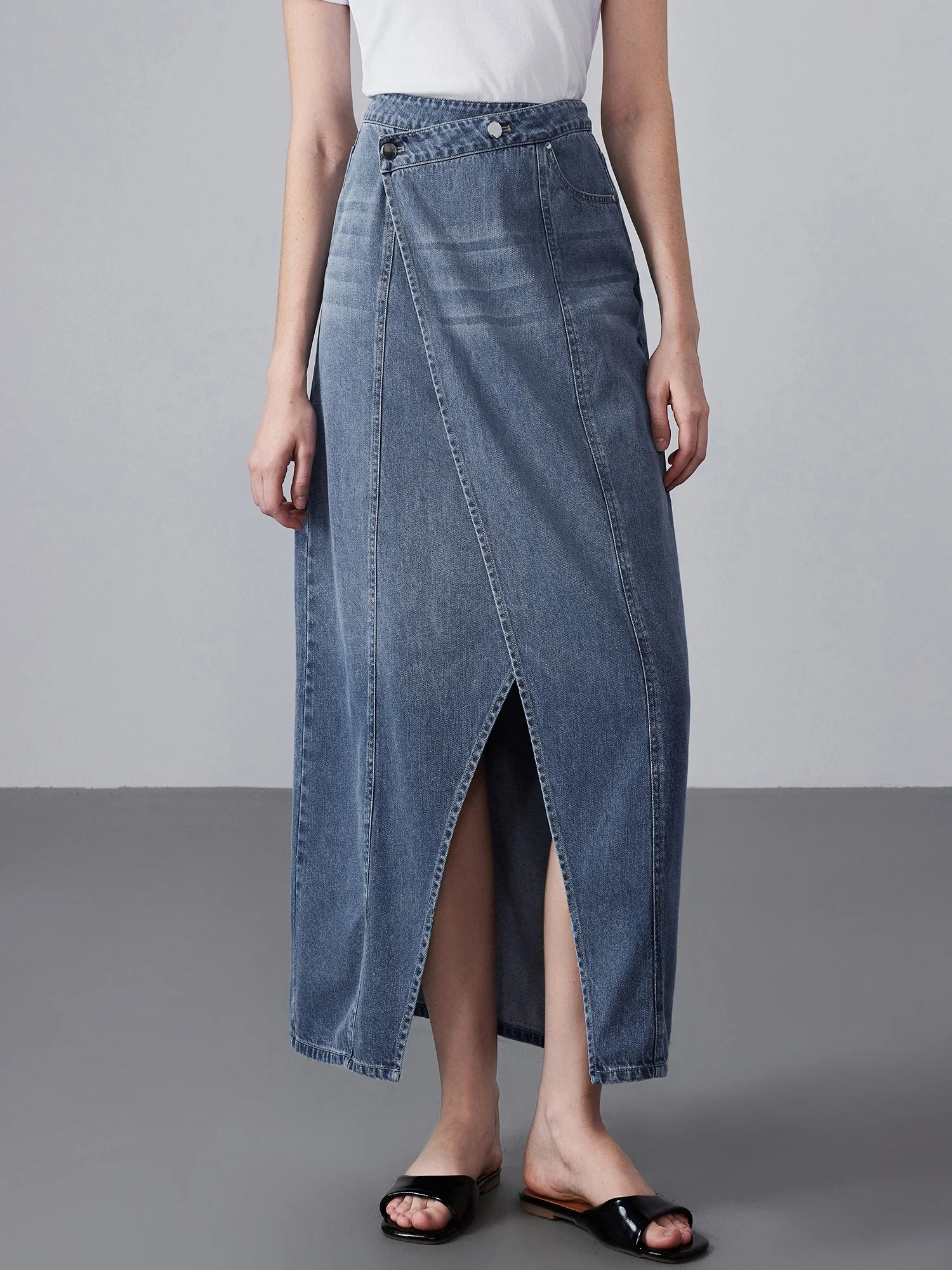 

Chivirin Heavyweight Waed Denim Casual High Waist Midi Skirt Spring Summer New Women's Blue Jeans Slimming Skirt