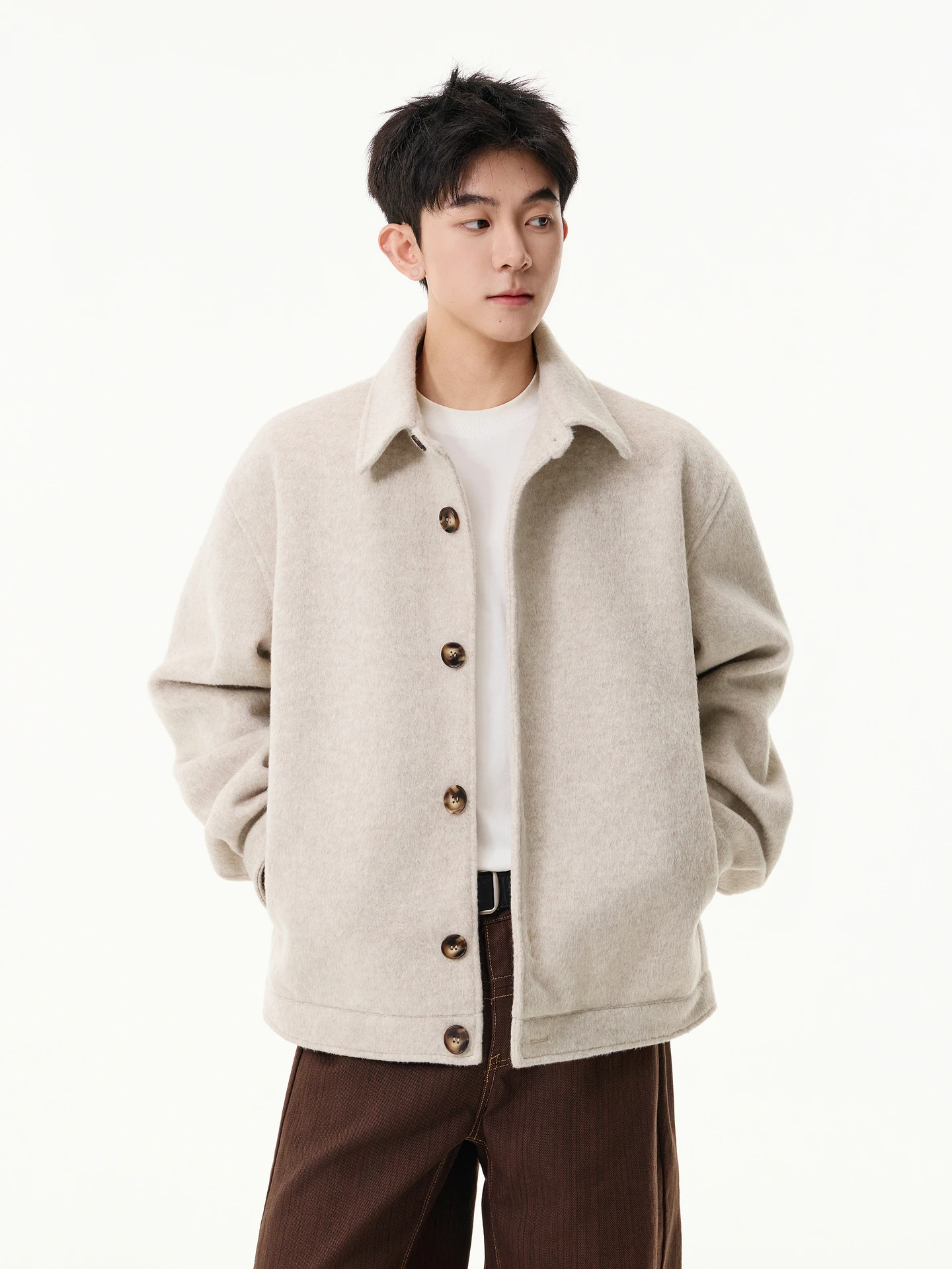 

Retro Pure Color Men's Woolen Jaet Spring Casual Loose Fit Versatile Coat for Couples Youth ular Polyester Fiber