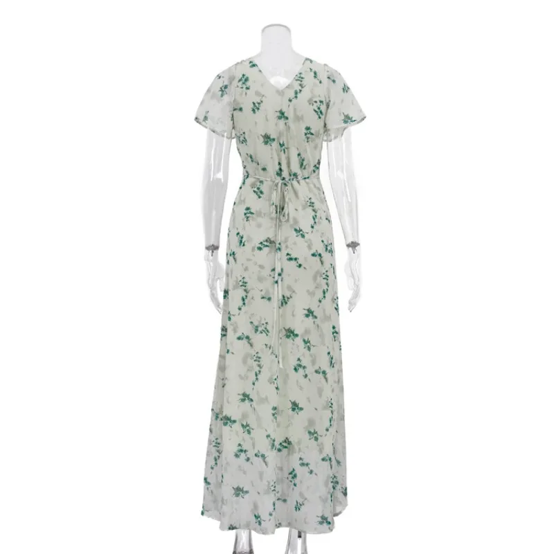 Elegantes Vintage Blumen-Maxikleid Damen Spitze V-Ausschnitt Kurzarm Hohe Taille Fließendes Langes Kleid Strand Urlaub Schickes Freizeitkleid – Detail 3