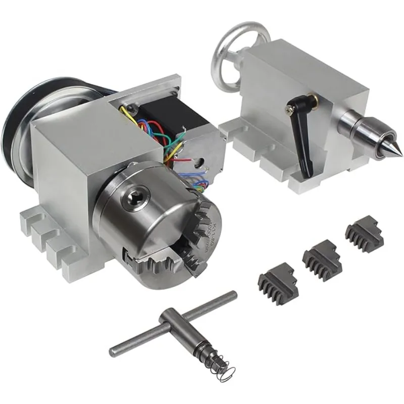 Rotary Axis 4th Axis with 3 Jaw Chuck,K11-80mm Hollow Shaft Dividing Head Rotational A Axis w/ 65mm Tailstock Reducing Ratio