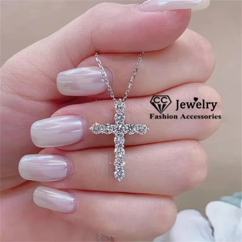 CC Cross Necklace For Women and Men Silver Color White Zirconia Religious Jesus Accessories Fashion Jewelry Pendant CCN704