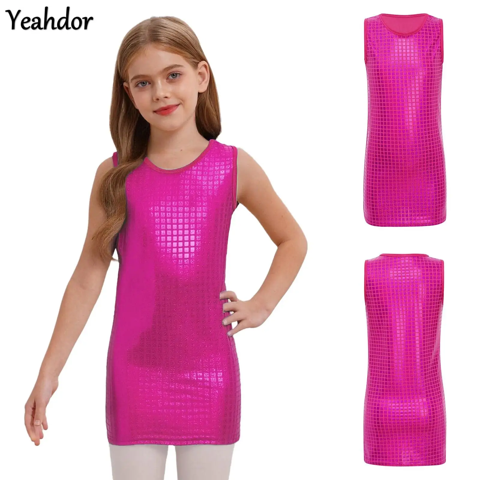 

Girls Shiny Metallic Plaid Jazz Dance Dress Round Neck Sleeveless Tank Dress Halloween Cosplay Stage Performance Dance Costume
