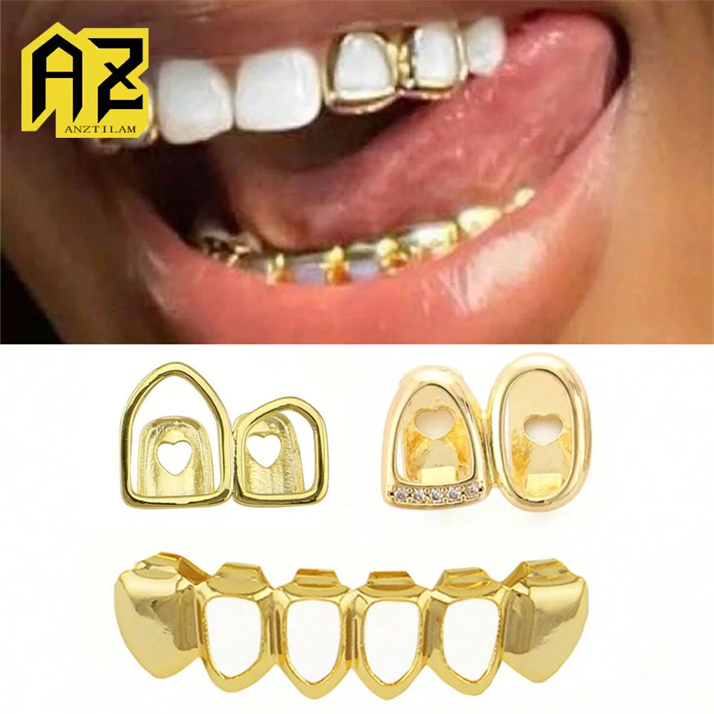Anztilam 3pcs Grills Set Iced Out Grillz Full Zircon Tooth Shine Grill Men Women Hip Hop Tooth Grills Caps Brass Fashion Jewelry