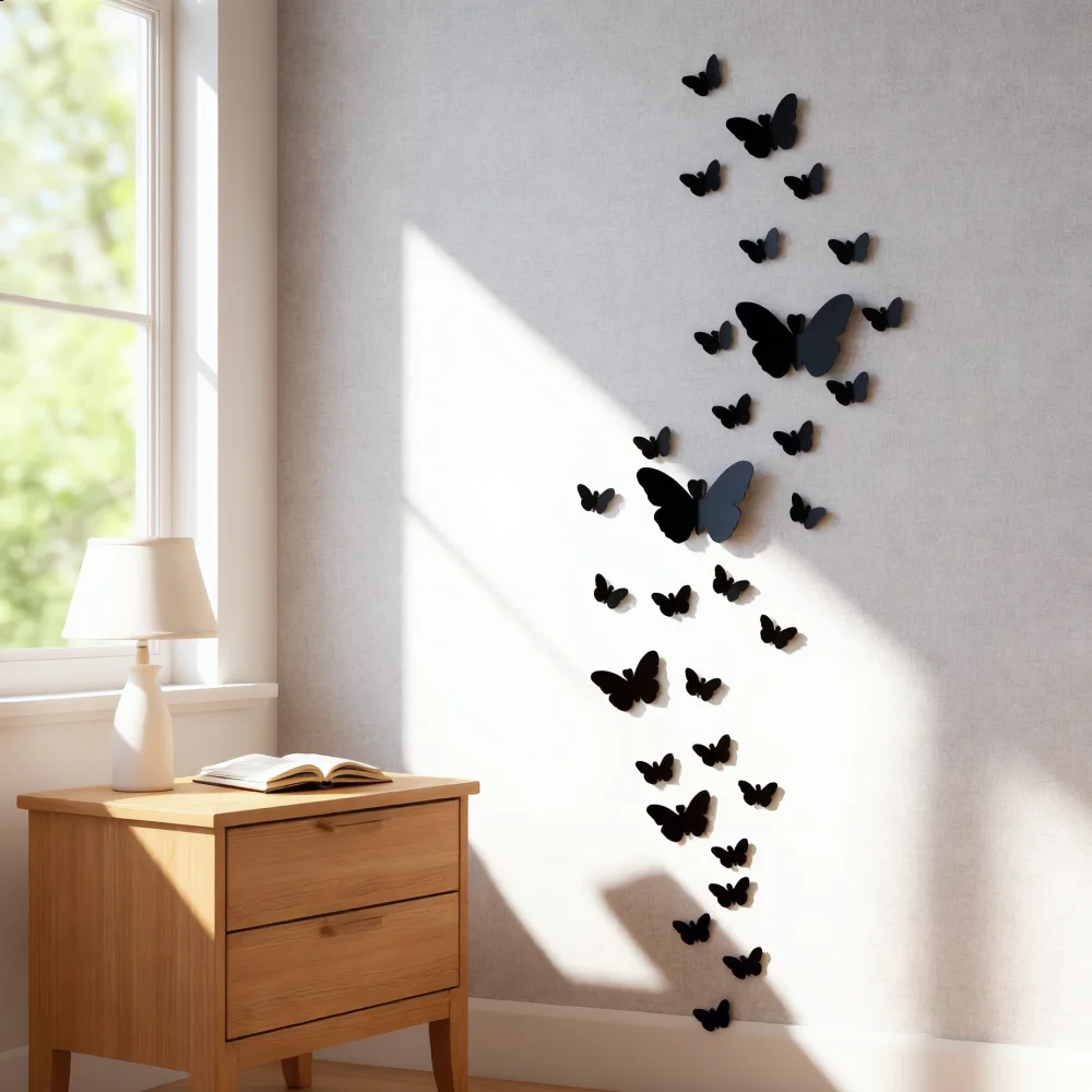 Black 3D Mirror Acrylic Butterfly Wall Stickers, DIY Assembleable Mirror Butterfly Wall Decals, Removable Art Wall Decor for Kids Room Home Decoration, 25Pcs(2 Large,3 Medium,20 Small)