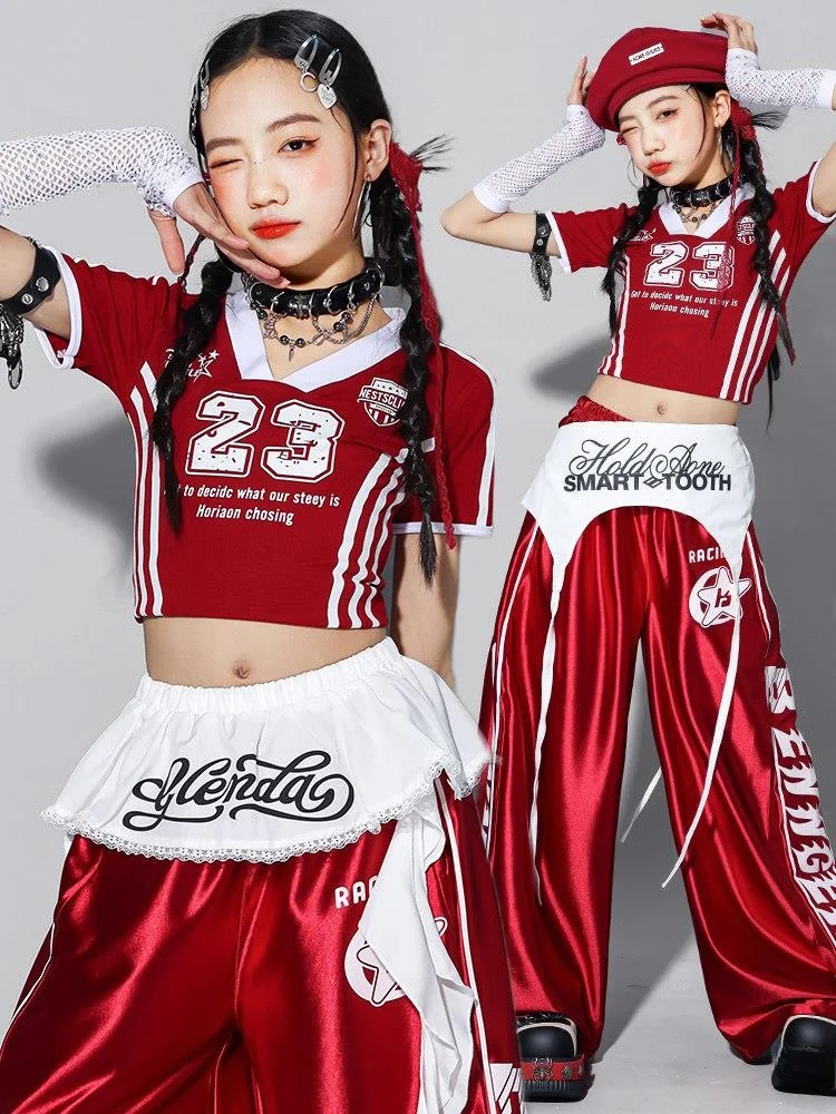 Girls Jazz Dance Performance Outfit Red Pants Set Children's Street Dance Show Clothing Trendy Girl's Costume Stage Performance