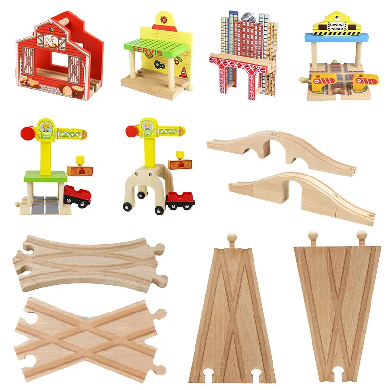 Wooden Train Tracks Buildings Accessories set Wood Railway Tracks Wooden Bridge Tunnel Fit For Wood Tracks Kid Educational Toys