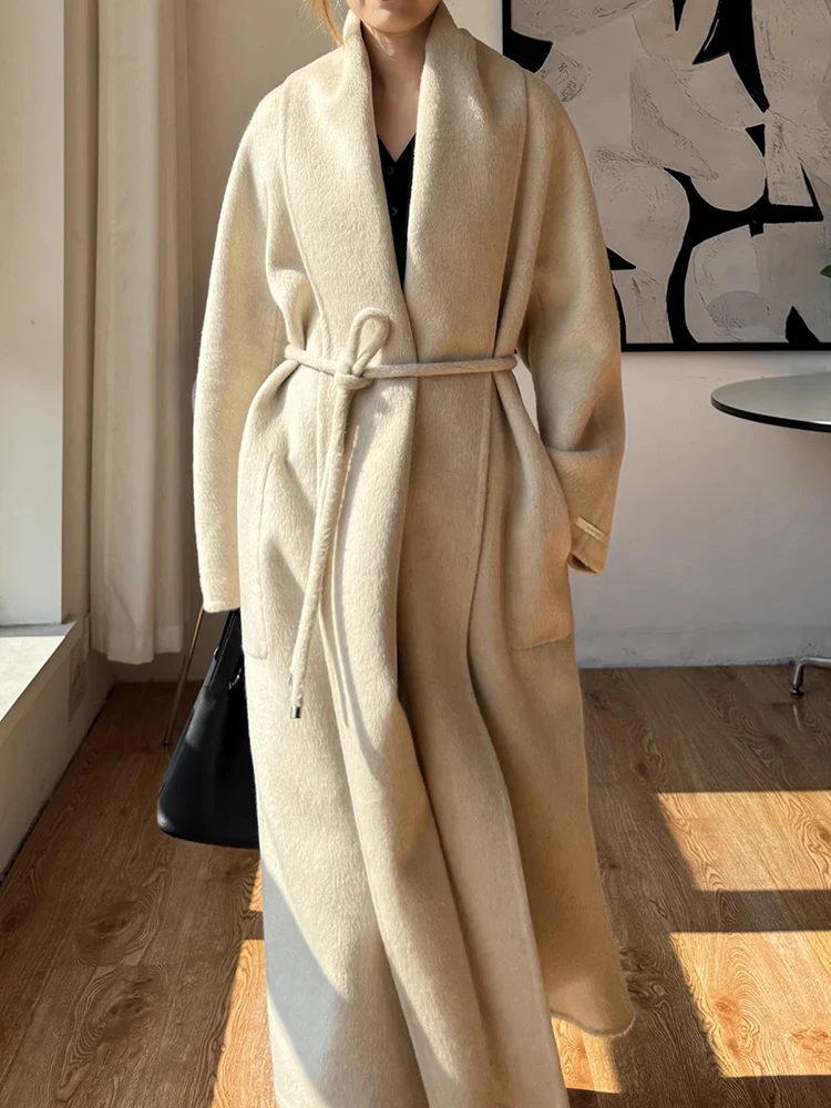 

2025 autumn and winter new beige bathrobe double-sided wool coat long black lace up green fruit collar woolen coat